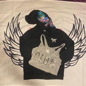 VS PINK Black Hoodie and Gray Tank Top Set